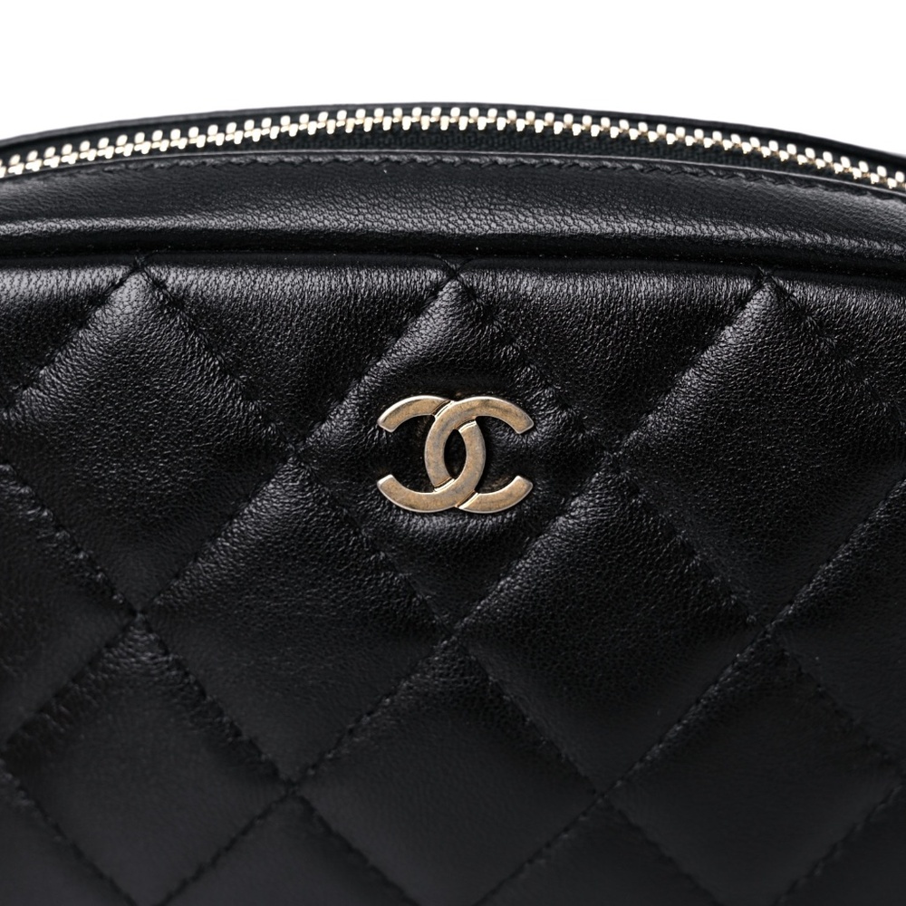 CHANEL  Lambskin Quilted Small Curvy Pouch Cosmetic Case Black